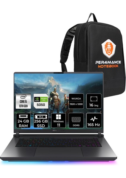 Rog Strix G16 Intel Core I5 13450HX 24GB 256GB SSD RTX5050/8GB 115W 16" Fhd+ 165Hz Windows 11 Home Taşınabilir Bilgisayar & Per4 Çanta G615JHRV053P351