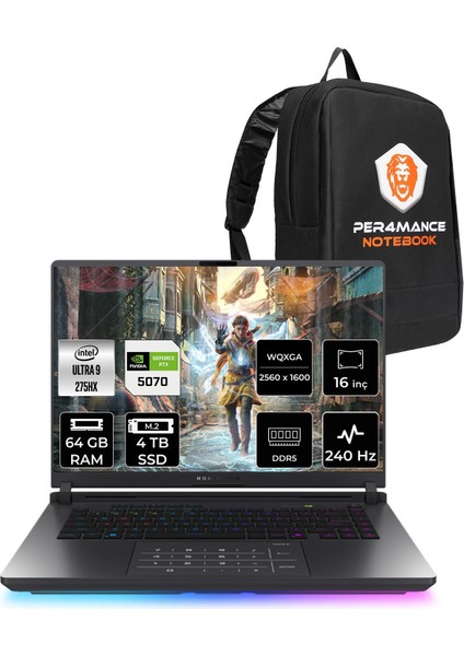 Rog Strix G16 Intel Core Ultra 9 275HX 64GB 4tb SSD RTX5070/8GB 115W 16" Qhd+ 240Hz Freedos Taşınabilir Bilgisayar & Per4 Çanta G615LPS5114WP335