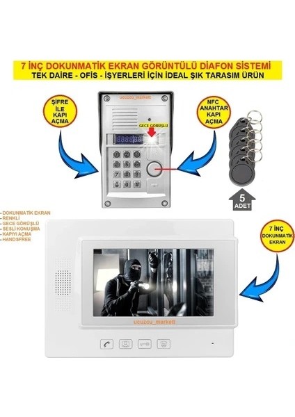 7 Inç Dokunmatik Ekran Görüntülü Diafon Sistemi (Tek Daire Içindir Şifre + Kartlı Geçiş Özelliklidir)