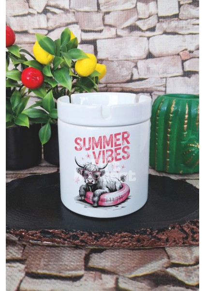 Summer Vibes Cow Yaz Temalı Baskılı Seramik Kapaklı Kokusuz Küllük