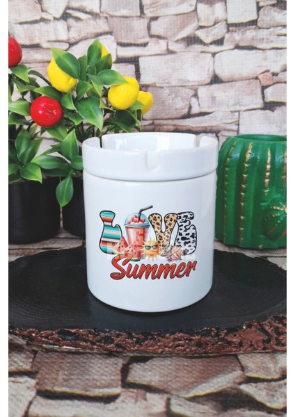 Love Summer Yaz Temalı Baskılı Seramik Kapaklı Kokusuz Küllük