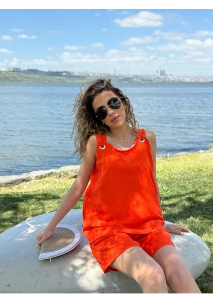 Kadın Kolsuz V Yaka Kuş Gözü Detay Bluz Short Aerobin Ikili Takım fiyatları