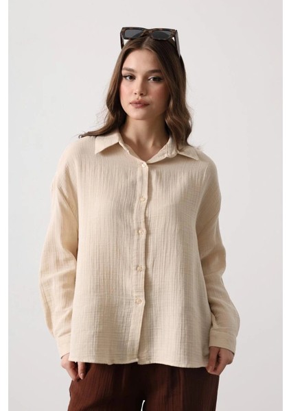 Müslin Uzun Kol Gömlek - Bej