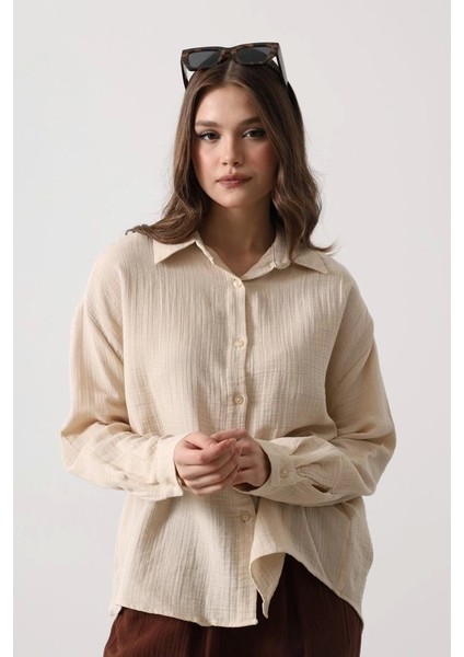 Müslin Uzun Kol Gömlek - Bej modelleri