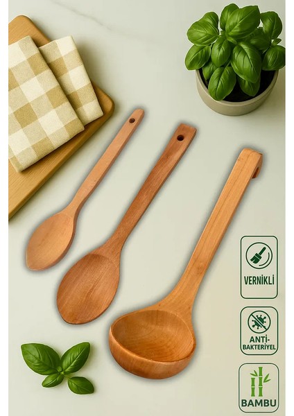 3’lü %100 Doğal Bambu Servis Seti – Kepçe, Sos ve Servis Kaşığı