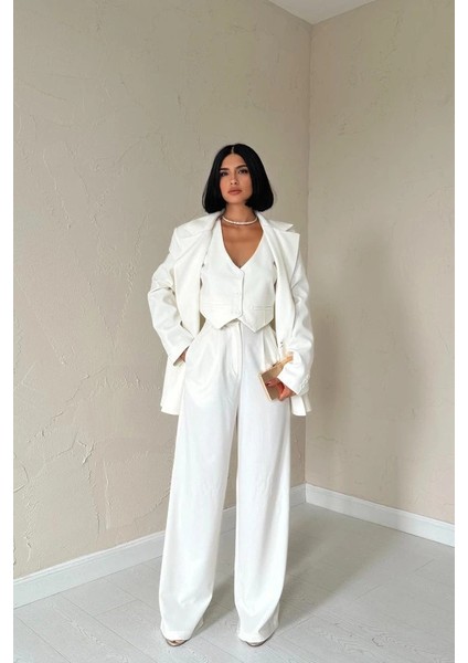 Ekru Klas Ceket ve Yelek ve Pantolon Takım