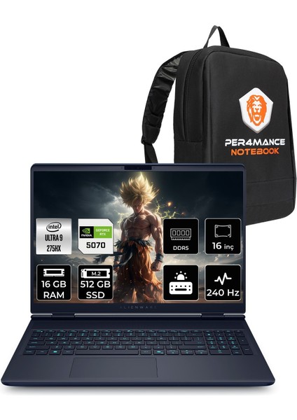 Alienware 16X Aurora Intel Core Ultra 9 275HX 16GB 512GB SSD RTX5070/8GB 115W 16" Qhd+ 240Hz Freedos Taşınabilir Bilgisayar & Per4 Çanta AC16251CU932157WP307