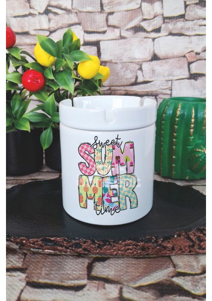 Sweet Summer Time Yaz Temalı Baskılı Seramik Kapaklı Kokusuz Küllük