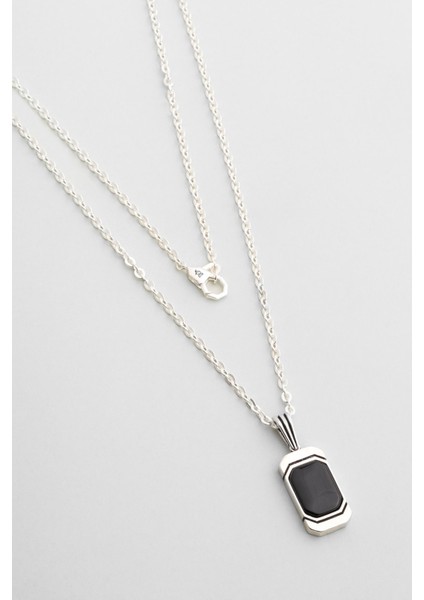 Onix Taşlı 18 Ayar Beyaz Altın Kaplama 66 cm Gümüş Erkek Kolye