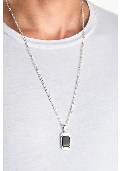 Onix Taşlı 18 Ayar Beyaz Altın Kaplama 66 cm Gümüş Erkek Kolye fiyatları