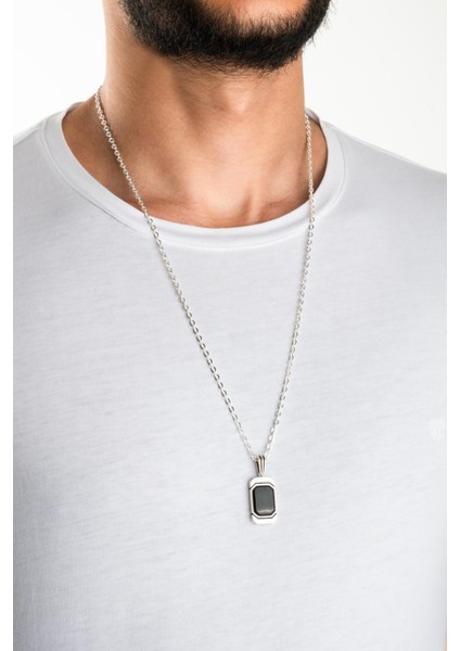 Onix Taşlı 18 Ayar Beyaz Altın Kaplama 66 cm Gümüş Erkek Kolye fırsatları