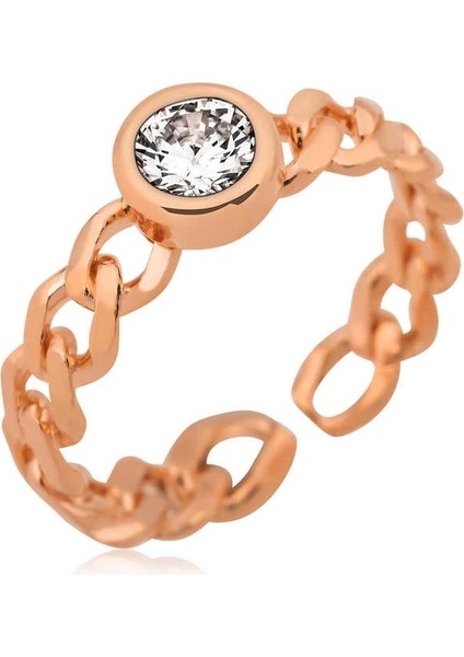Gümüş Rose Zincir Desenli Tek Taş Bayan Yüzük