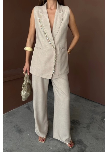 Yaka Midye Kabuğu Sıralı Yelek - Pantolontakım Keten Kumaş - Ham fiyatları