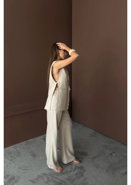 Yaka Midye Kabuğu Sıralı Yelek - Pantolontakım Keten Kumaş - Ham modelleri