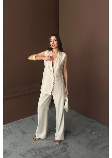 Yaka Midye Kabuğu Sıralı Yelek - Pantolontakım Keten Kumaş - Ham fırsatları