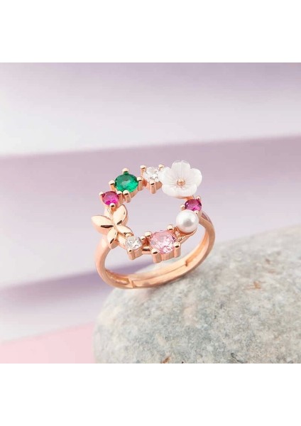 Gümüş Ayarlanabilir Rose Manolya Çiçeği Kadın Yüzük