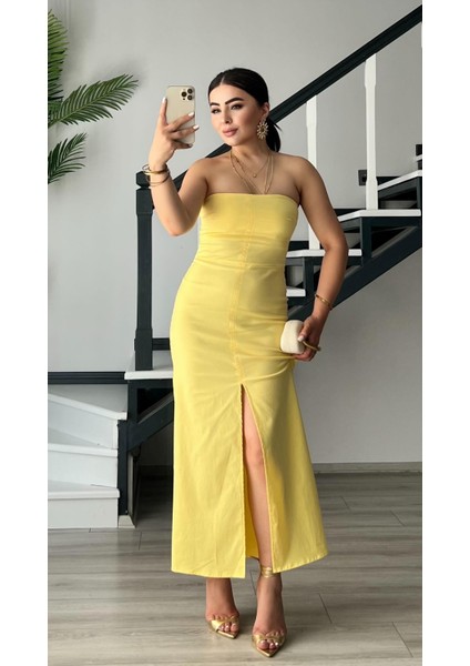 Sarı Ön Yırtmaçlı Straplez Elbise
