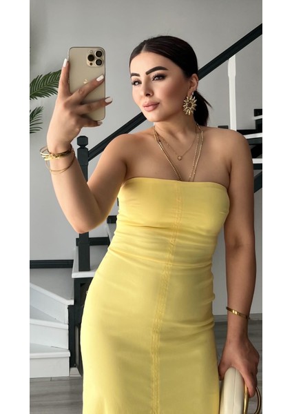 Sarı Ön Yırtmaçlı Straplez Elbise fiyatları