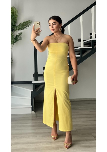Sarı Ön Yırtmaçlı Straplez Elbise modelleri