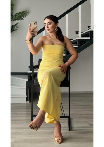 Sarı Ön Yırtmaçlı Straplez Elbise fırsatları