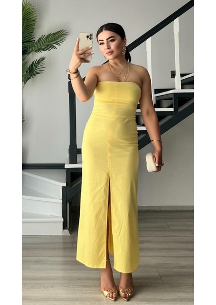 Sarı Ön Yırtmaçlı Straplez Elbise indirimleri