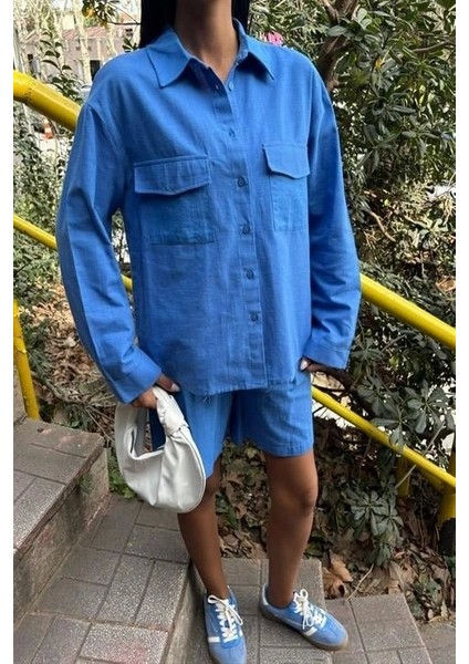 Gömlek ve Şort Flamlı Keten Takım 10130 modelleri