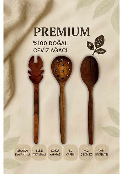3'lü %100 Doğal Çizme Yapmaz Ceviz Ağacı Ahşap Mutfak Seti – Maşa, Kaşık, Kevgir