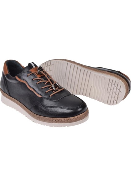 Hakiki Deri Lastik Bağcıklı Kadın Ayakkabı VOY-130 Siyah indirimleri