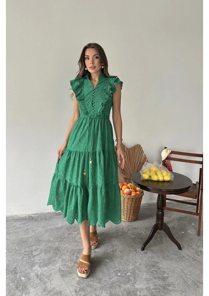 Zümrüt Fırfırlı Düğmeli Elbise fiyatları