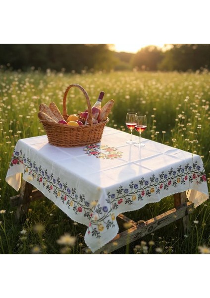 Vintage Çiçek Desenli Dertsiz Kumaş Masa Örtüsü 110 x 150