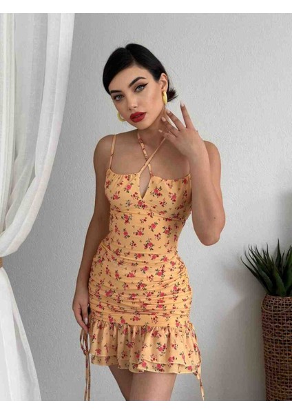 Çiçek Desenli Boyu Ayarlanabilir Turuncu Elbise