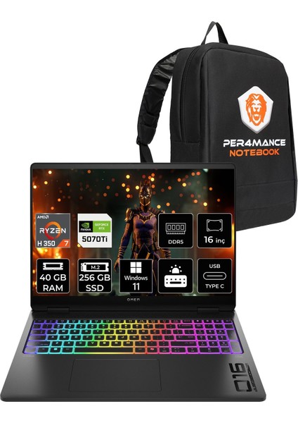 Omen Max 16 Amd Ryzen Aı 7 H 350 40GB 256GB SSD RTX5070TI/12GB 16" Fhd+ 165Hz W11P Taşınabilir Bilgisayar & Per4 Çanta BQ1Y2EAPN401