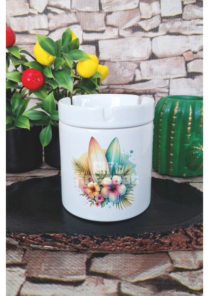 Renkli Okyanus Çiçekler Yaz Temalı Baskılı Seramik Kapaklı Kokusuz Küllük