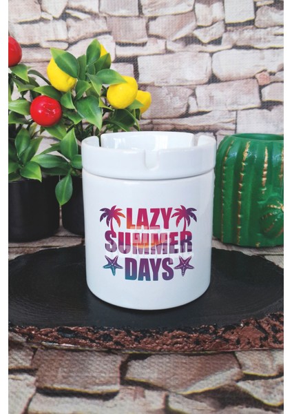 Lazy Summer Days Yaz Temalı Baskılı Seramik Kapaklı Kokusuz Küllük
