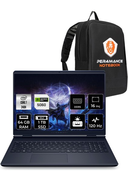 Alienware 16 Aurora Intel Core 7 240H 64GB 1tb SSD RTX5060/8GB 115W 16" Qhd+ 120Hz Freedos Taşınabilir Bilgisayar & Per4 Çanta AC16250C716156WP333