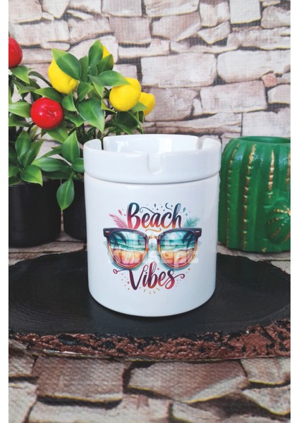Beach Vibes Yaz Temalı Baskılı Seramik Kapaklı Kokusuz Küllük