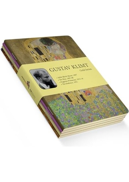 Gold Series - A5, Gustav Klimt 4&apos;lü Defter Seti I, Çizgisiz, Toplam 256 Sayfa, Her Biri 64 Sayfa, Tel Dikiş, Esnek Kapak, Oval Kenar, Tuval Doku, 60 Gram, Sarı Krem Renk