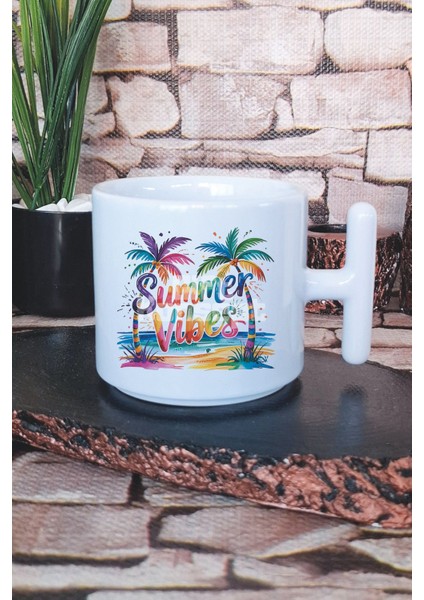 Summer Vibes Renkli Palmiyeler Baskılı T Kulplu Latte Fincanı Kupa Bardak