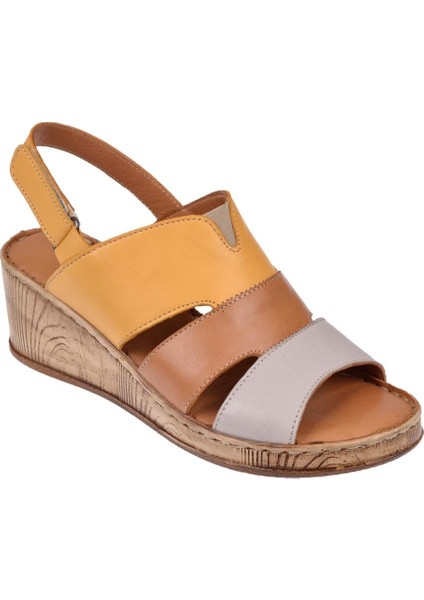 Hakiki Deri Comfort Kadın Sandalet Plm-01 Sarı Multi