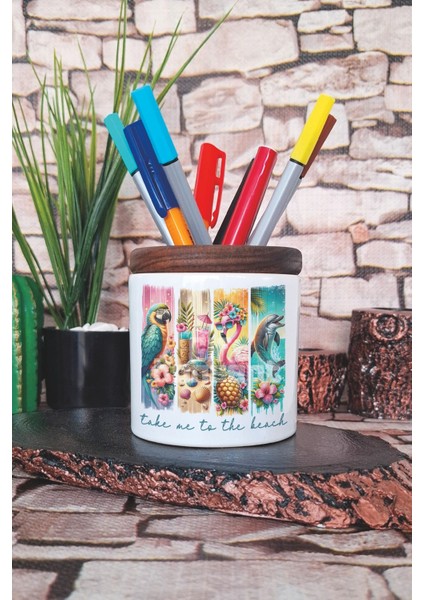 Take Me Beach Baskılı Seramik Kalemlik Masaüstü Düzenleyici