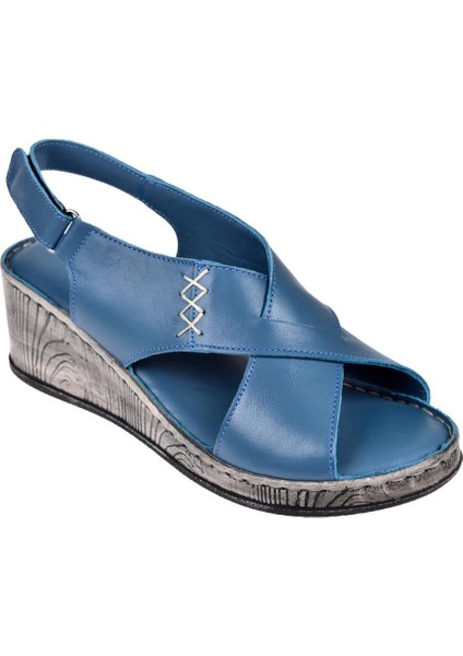 Hakiki Deri Comfort Kadın Sandalet Plm-12 Mavi