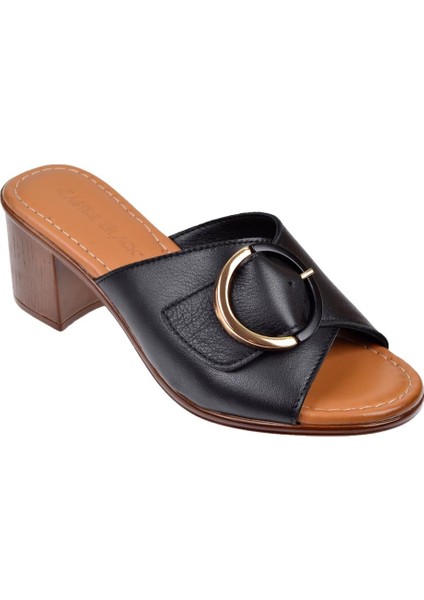 Hakiki Deri 6 cm Topuklu Kadın Terlik CB-4576 Siyah