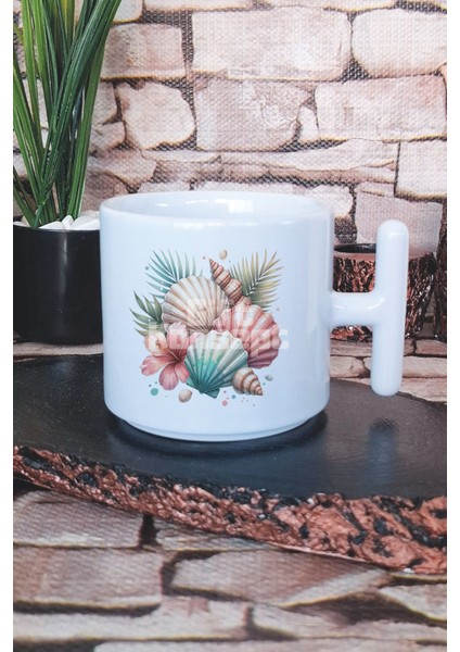 Renkli Deniz Kabukları Baskılı T Kulplu Latte Fincanı Kupa Bardak