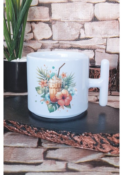 Yaz Kokteyli Baskılı T Kulplu Latte Fincanı Kupa Bardak