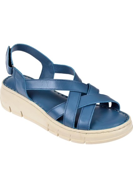 Hakiki Deri Comfort Kadın Sandalet PLM-2426 Kot Mavi