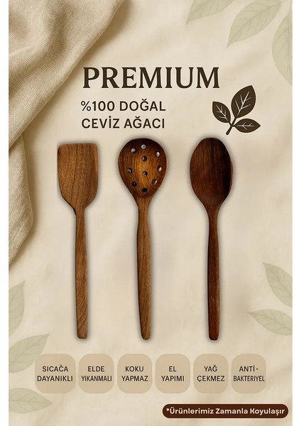 3'lü %100 Doğal Çizme Yapmaz Ceviz Ağacı Ahşap Mutfak Seti – Spatula, Kaşık, Kevgir