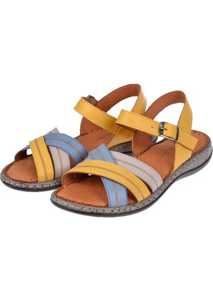 Hakiki Deri Comfort Kadın Sandalet CB-22382 Sarı Multi fırsatları