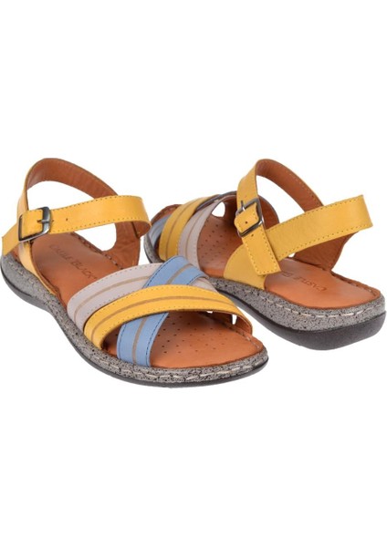 Hakiki Deri Comfort Kadın Sandalet CB-22382 Sarı Multi indirimleri