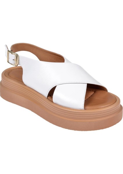 Hakiki Deri Kalın Taban Kadın Sandalet BEL-14748 Beyaz