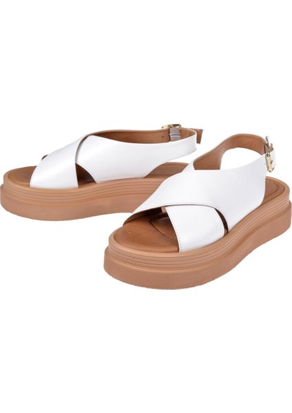 Hakiki Deri Kalın Taban Kadın Sandalet BEL-14748 Beyaz fırsatları